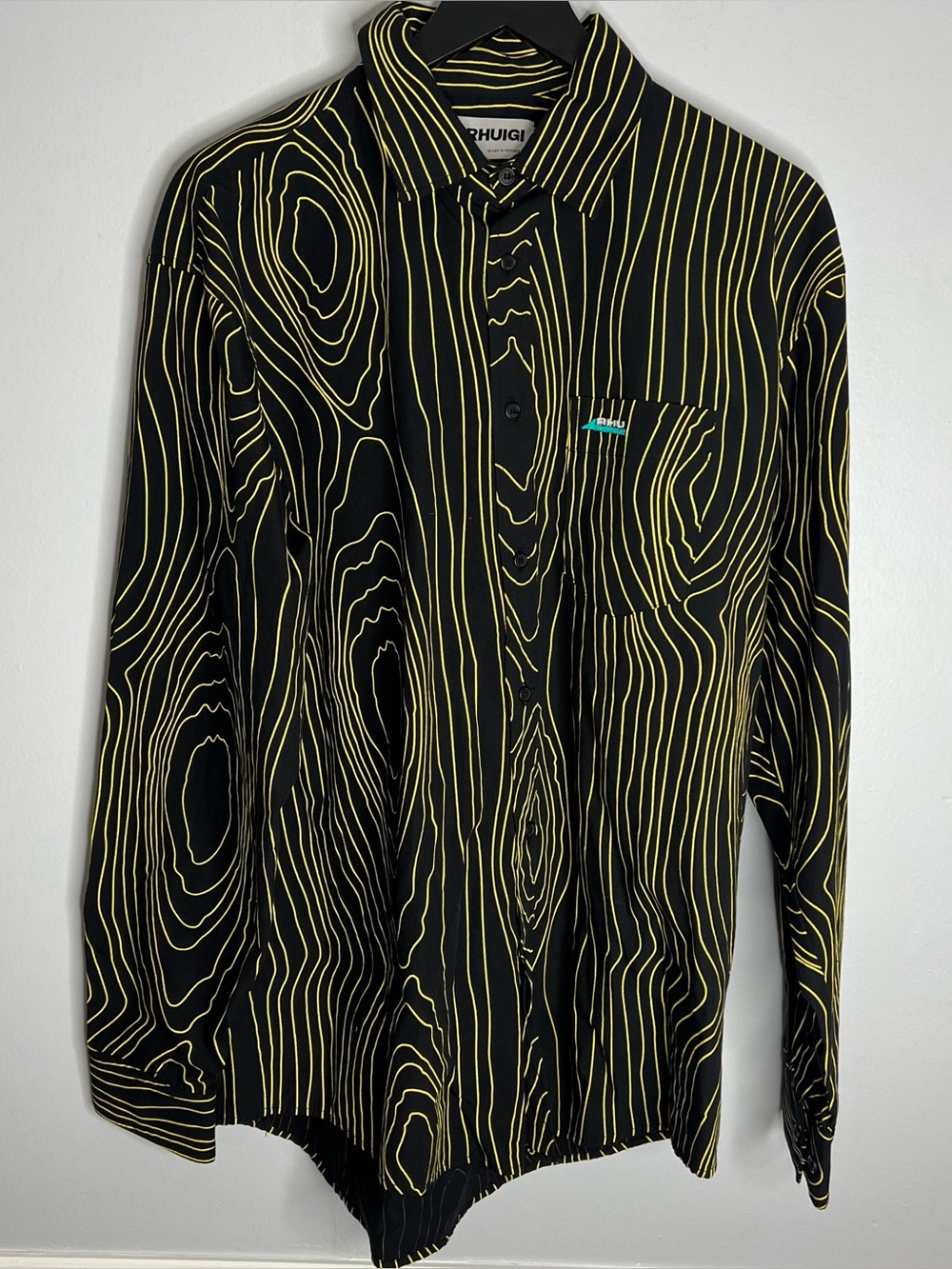 Zara x Rhude Rhuigi Long Sleeve Button Down Geo Shirt Mens Medium Black Yellow